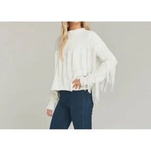 EUC! Show Me Your MuMu White Fringe Crew Neck Sweater, Size XL